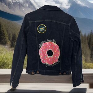 Y2K Gap Collection Womens Denim‎ Jeans Jacket embellished Pink Donut Sequins S